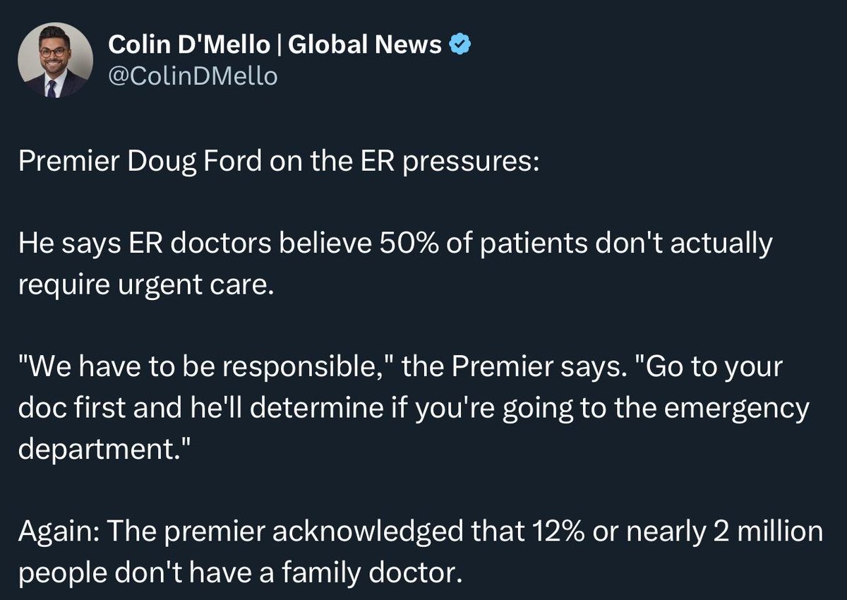 Raghu Venugopal MD (@raghu_venugopal) on Twitter photo ER doc here: all Ontarians should ignore Premier Ford's wild statement on ER use. It's enshrined in our society that patients define emergencies. Not MDs. Not Premiers. We rely on the public's judgement. I am appalled by Premier Ford. <a href="/ColinDMello/">Colin D'Mello | Global News</a> <a href="/fordnation/">Doug Ford</a> <a href="/SylviaJonesMPP/">Sylvia Jones</a> ER doc here: all Ontarians should ignore Premier Ford's wild statement on ER use. It's enshrined in our society that patients define emergencies. Not MDs. Not Premiers. We rely on the public's judgement. I am appalled by Premier Ford. <a href="/ColinDMello/">Colin D'Mello | Global News</a> <a href="/fordnation/">Doug Ford</a> <a href="/SylviaJonesMPP/">Sylvia Jones</a>