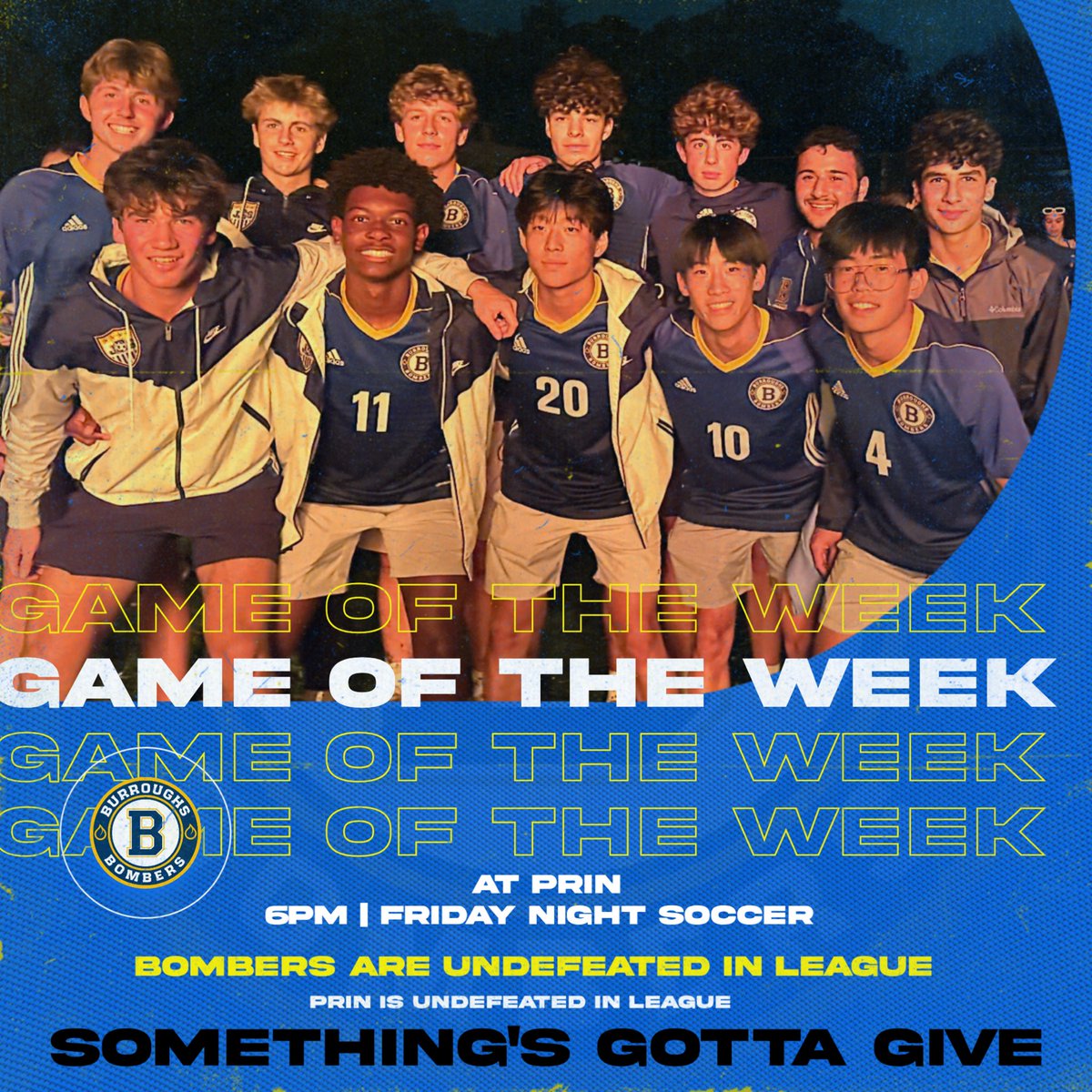 6pm at Principia.  Both sides undefeated in Metro League Play.  Be there to cheer on the Bombers in a little Friday Night soccer action!   #rollbomb