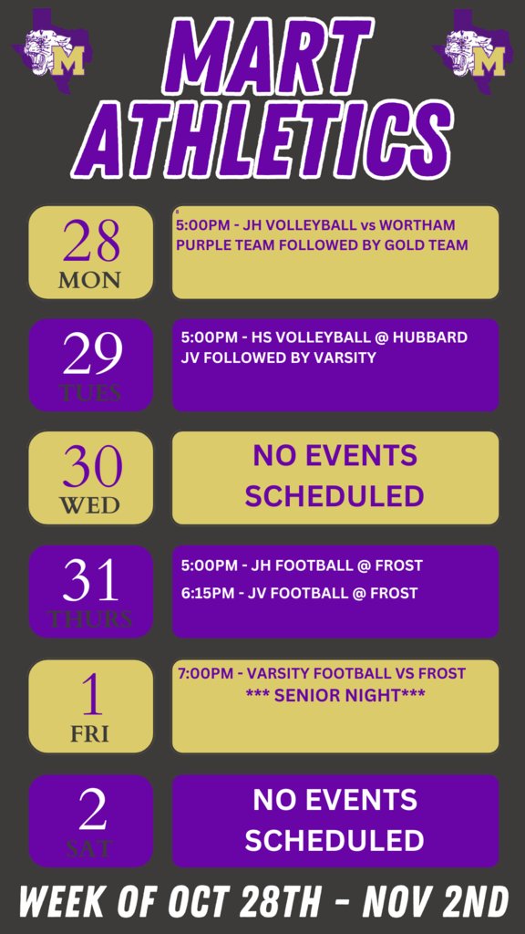 Next week's athletic schedule can be found attached.  Come out and support our Panthers!  Stay tuned for volleyball playoff game information to be released next week!