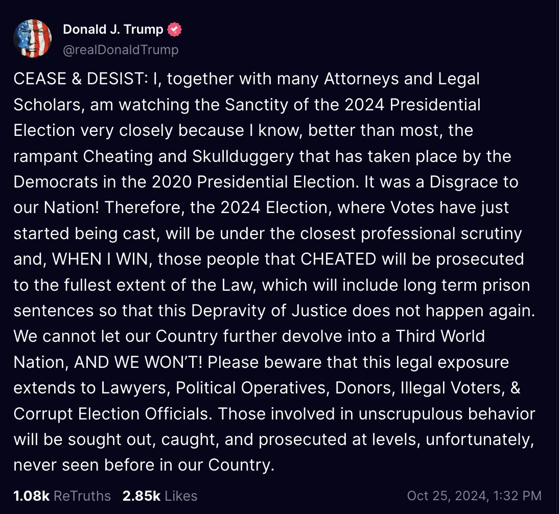 akarl_smith's tweet image. Trump again threatens "long term prison sentences" for a whole range of people — lawyers, operatives, donors, voters &amp;amp; election officials  — he thinks stole the 2020 election

Of course, his claims were examined in recounts, audits, court cases + investigations that debunked them