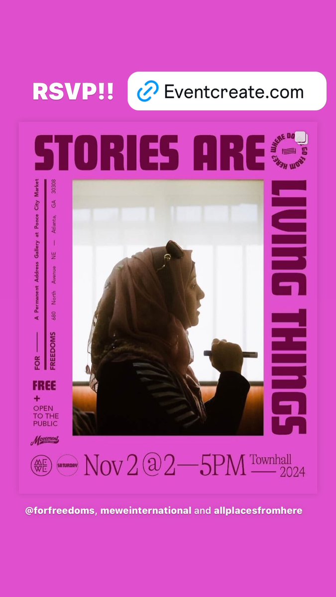 MeWeIntl's tweet image. #ATLANTA: @forfreedoms &amp;amp; @MeWeIntl will be leading a powerful and interactive community #storytelling gathering ‘Stories are Living Things’ NOV 2 before Election Day. Come join in healing, community, and creative expression. APA Gallery @PonceCityMarket . Free but please RSVP