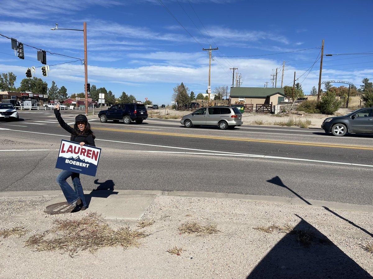drewsexton23's tweet photo. As grassroots as she’s ever been, @laurenboebert finishing strong & helping promote the Trump Tent at Highways 83 & 86 in #CO04! #copolitics https://t.co/qyzq8A3mVZ