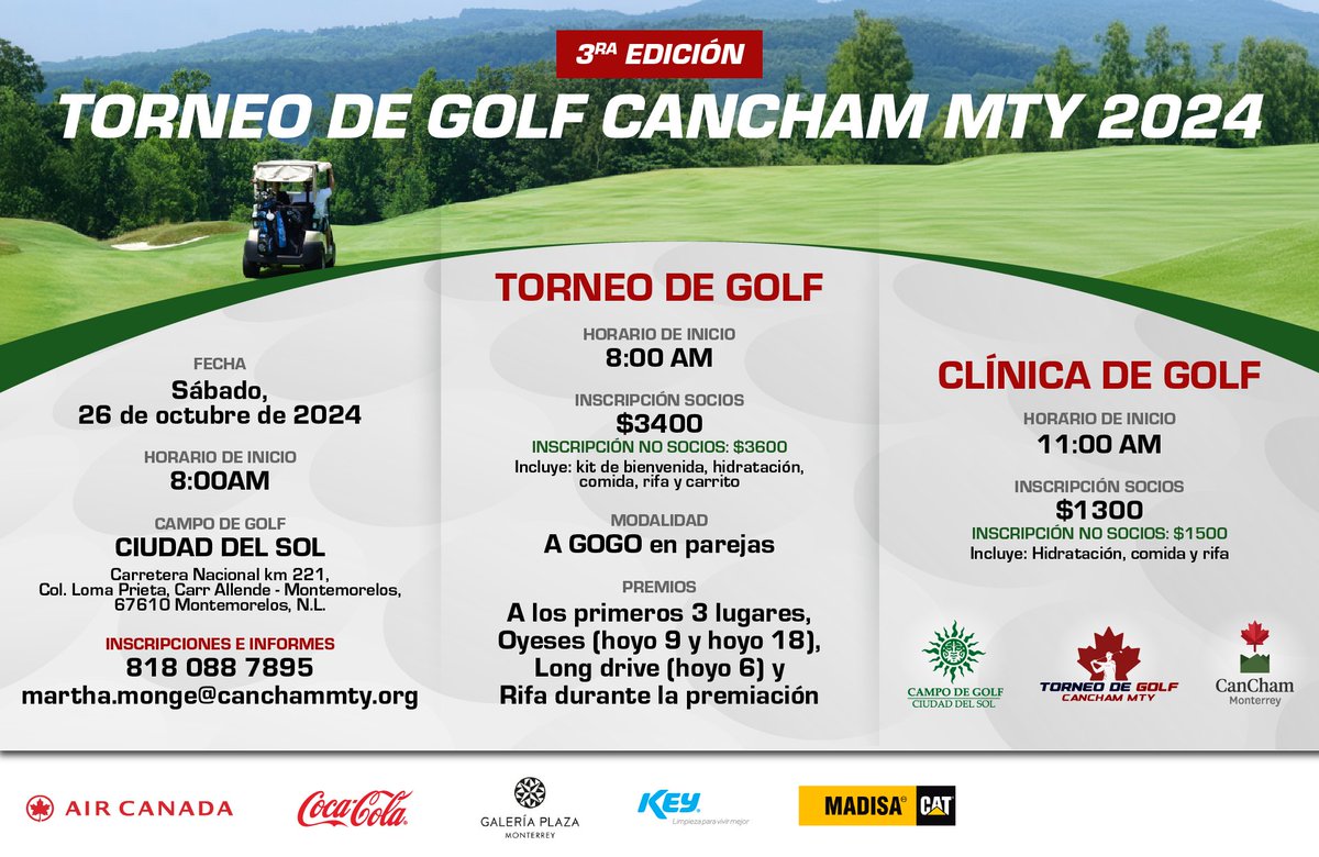⛳️ ¡Mañana es el gran día!

La tercera edición del Torneo de Golf CanCham Monterrey arranca a las 8:00 a.m. en el hermoso campo de golf Ciudad del Sol. A nuestros participantes allí los esperamos para una jornada de networking y, por supuesto, buen golf.