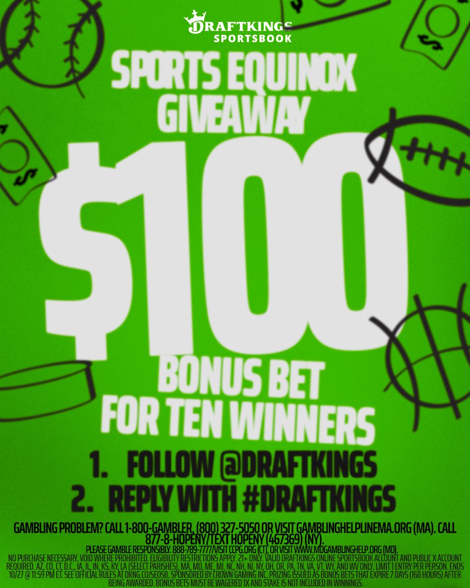 THE SPORTS EQUINOX IS COMING... 👀 

Celebrate the Sports Equinox a little early with a shot to win a $100 Bonus Bet for the best day in sports!

To enter, simply:
1. Follow @draftkings
2. Reply to this tweet with #DraftKings 

Ends 10/27 at 11:59pm ET. 10 winners. T&amp;Cs: