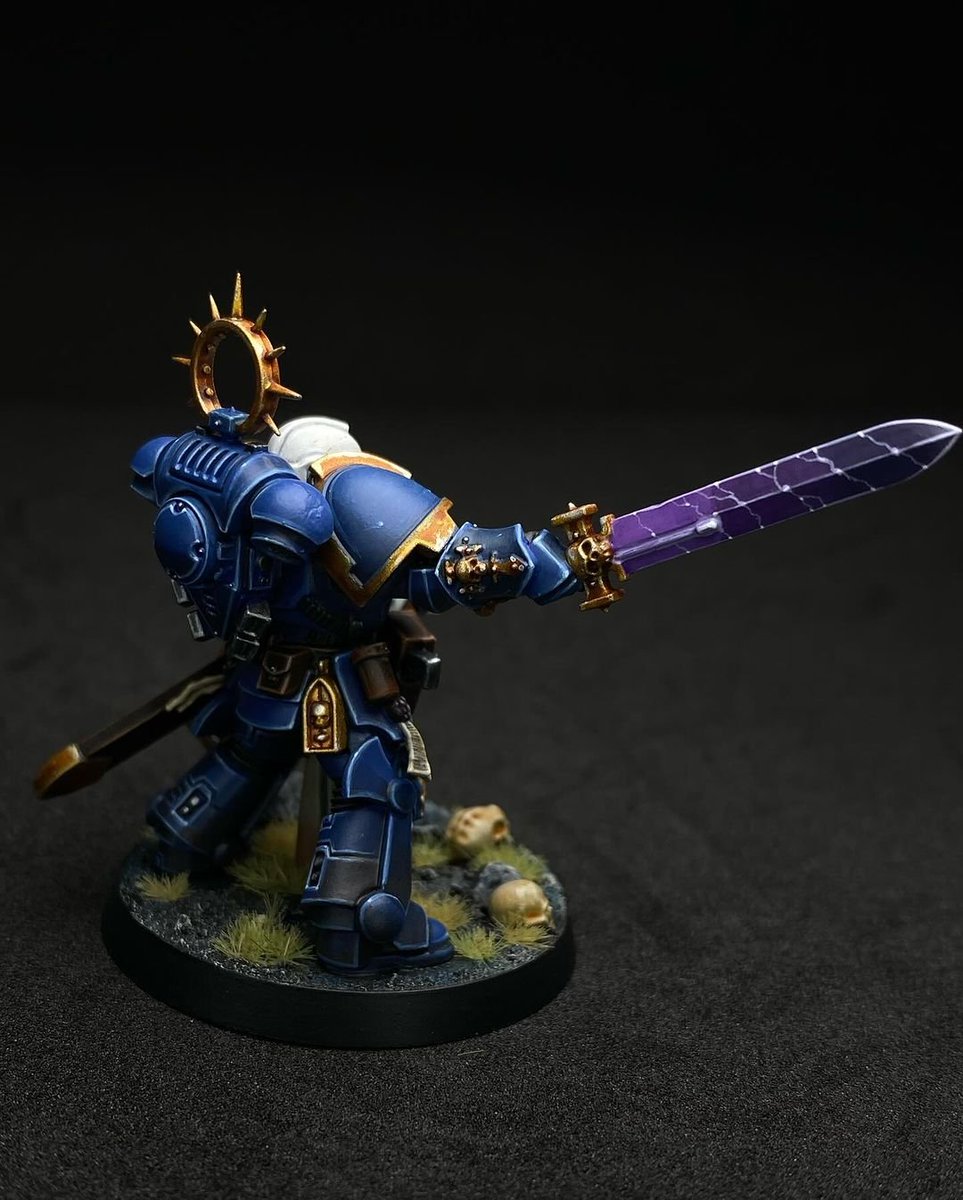 Bladeguard Veteran Aetherius of the Ultramarines Space Marine Chapter is finished. Painting tutorial on the purple power sword and white marble shield coming soon!\n#painting\n#paintingwarhammer \n#spacemarines\n#40k\n#warhammer40k \n#ultramar\n#ultramarines\n#miniatures\n#gw40k