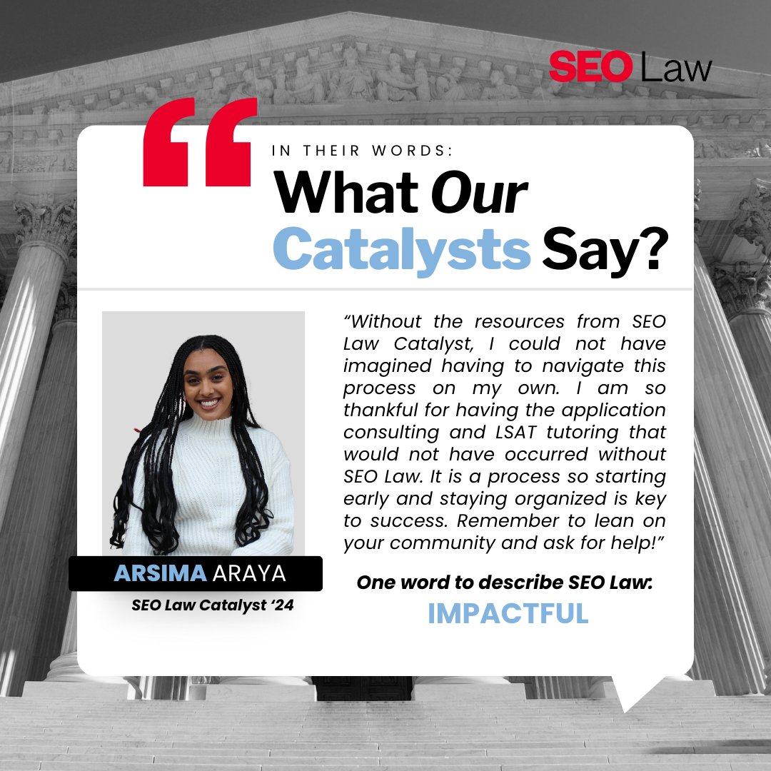 SEOLawProgram's tweet image. Introducing Arsima, a 2024 Catalyst Scholar who recently shared her journey during our Info Webinar! The 2025 Catalyst application is open—apply now to get the support you need for your law school journey. Link in bio! #FutureLawyer #SEOLawCatalyst #LSATPrep #PreLaw #FirstGen