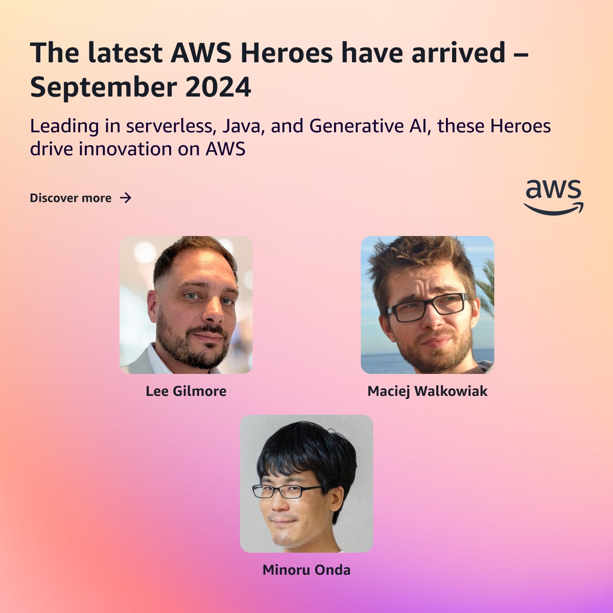 AWS Developers (@awsdevelopers) on Twitter photo <a href="/fayecloudguru/">Faye Ellis</a> Our Heroes continue to lead in areas like serverless, Java development, and Generative AI, contributing to the AWS ecosystem through community leadership and knowledge sharing.
⭐ Lee Gilmore
⭐ Maciej Walkowiak
⭐ Minoru Onda
🔗 go.aws/4e1eEzU <a href="/fayecloudguru/">Faye Ellis</a> Our Heroes continue to lead in areas like serverless, Java development, and Generative AI, contributing to the AWS ecosystem through community leadership and knowledge sharing.
⭐ Lee Gilmore
⭐ Maciej Walkowiak
⭐ Minoru Onda
🔗 go.aws/4e1eEzU