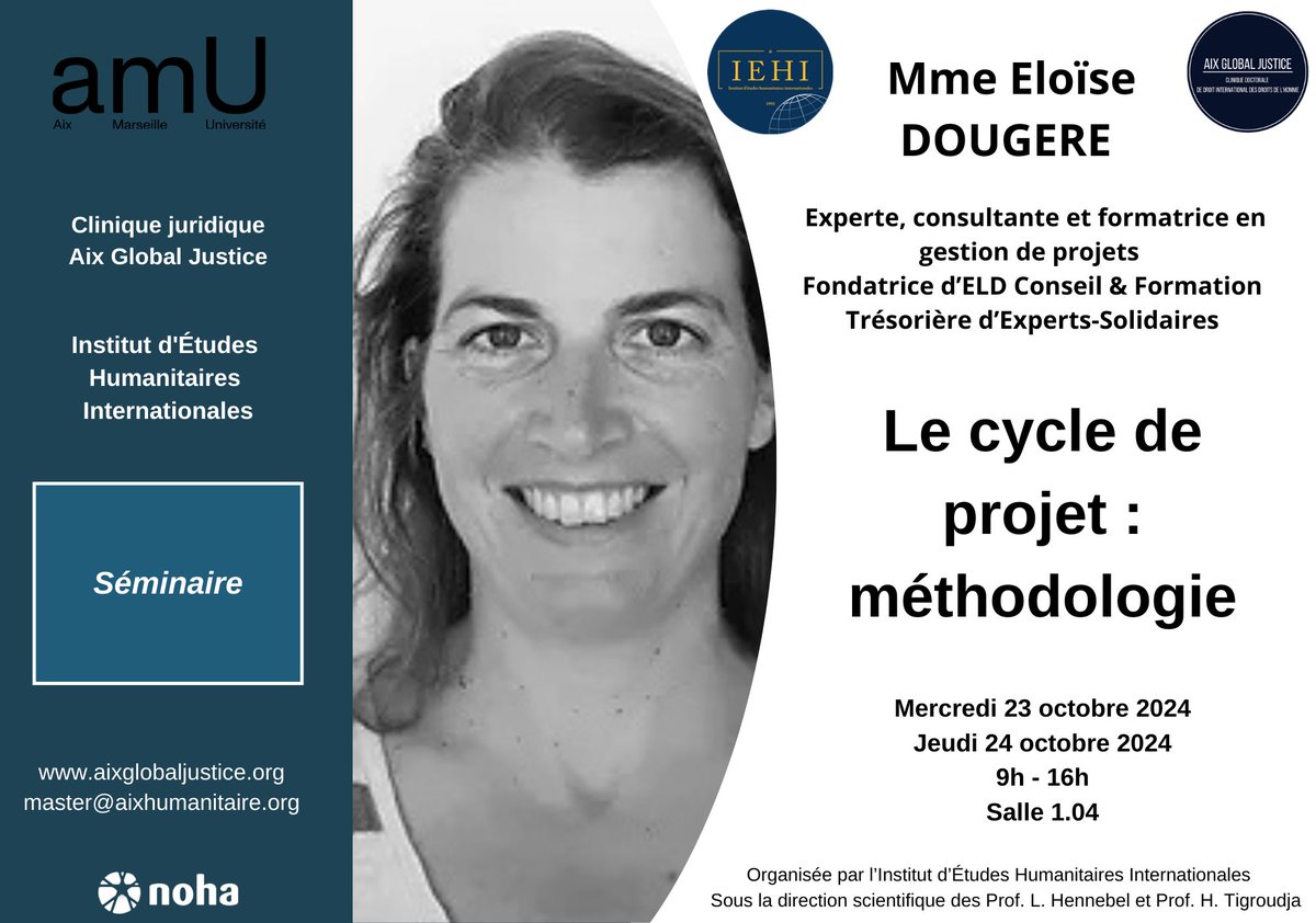 <a href="/AixHumanitaire/">Aix Humanitaire</a> et <a href="/AixLegalClinic/">Aix Global Justice</a> remercient chaleureusement Mme. Eloïse Dougère, pour ses #séminaires, mercredi 23 et jeudi 24 octobre, à partir de 9h, à la Faculté de droit d’Aix-Marseille Université.

<a href="/LudoHennebel/">Ludovic Hennebel</a> <a href="/HeleneTigroudja/">Hélène Tigroudja</a>
