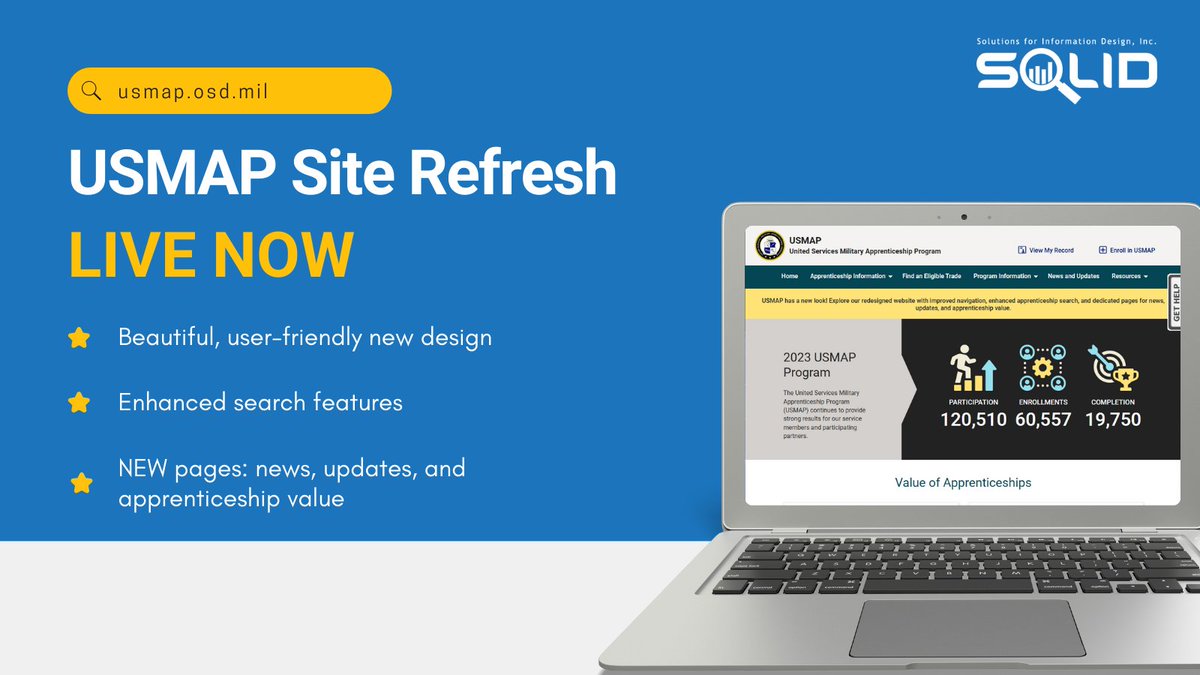 SOLIDInfoDesign's tweet image. 🚀 Exciting news! The refreshed #USMAP website is live! With better navigation, enhanced #apprenticeship search, and new pages for news &amp;amp; updates, it's easier than ever for service members to explore career development options. usmap.osd.mil