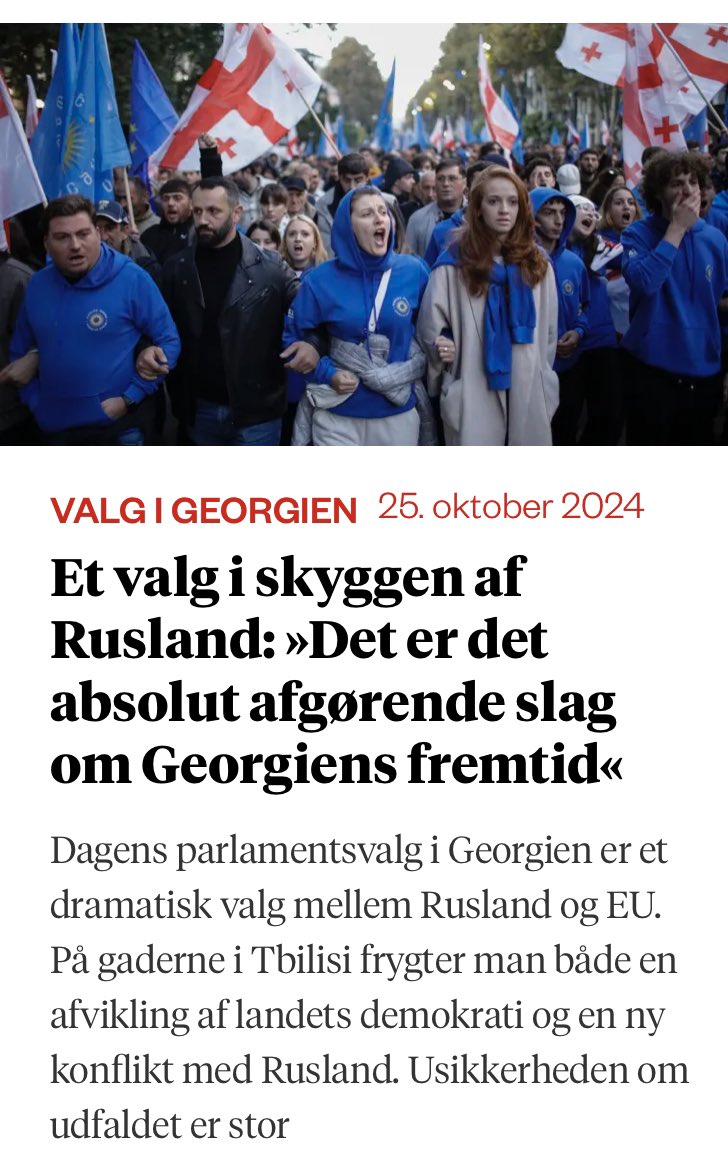 Valg i skyggen af Rusland: »Det er det absolut afgørende slag om Georgiens fremtid« - lørdagens georgiske parlamentsvalg ses som et valg mellem Rusland og EU og mellem krig og fred. Reportage fra Tbilisi, hvor usikkerheden om udfaldet er stor <a href="/informeren/">Dagbladet Information</a> information.dk/udland/2024/10…