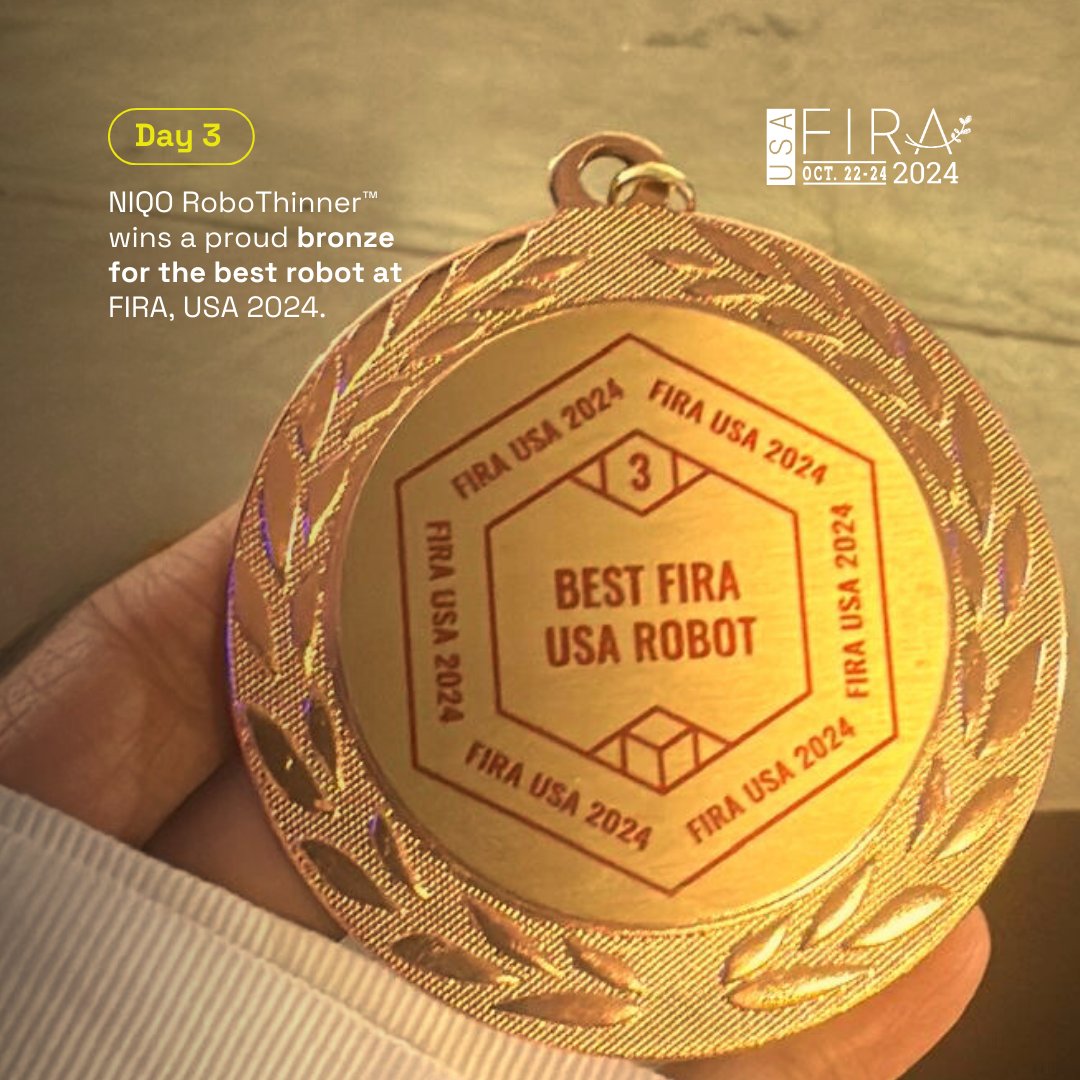 NiqoRobotics's tweet photo. Day 3 at @FIRA_team was a day to remember! We're incredibly honored to announce that the NIQO RoboThinner™ won the bronze medal for Best Robot at FIRA USA 2024! This achievement is a testament to our team's hard work and dedication.
#FIRA2024 #AgTech #NiqoRobotics #BestRobot https://t.co/vaNZ7yocYH