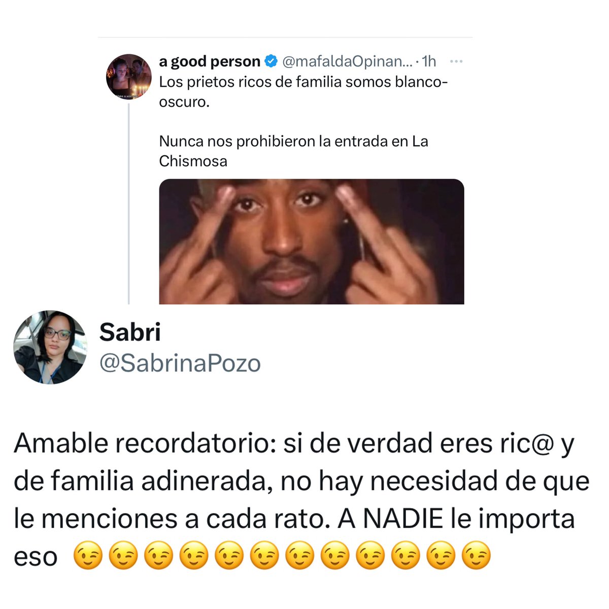 uniendotweets's tweet photo. Buenas tardes @mafaldaOpinando dice @SabrinaPozo que a nadie le importan tus riquezas 🤝 https://t.co/SCZUxVSwYm