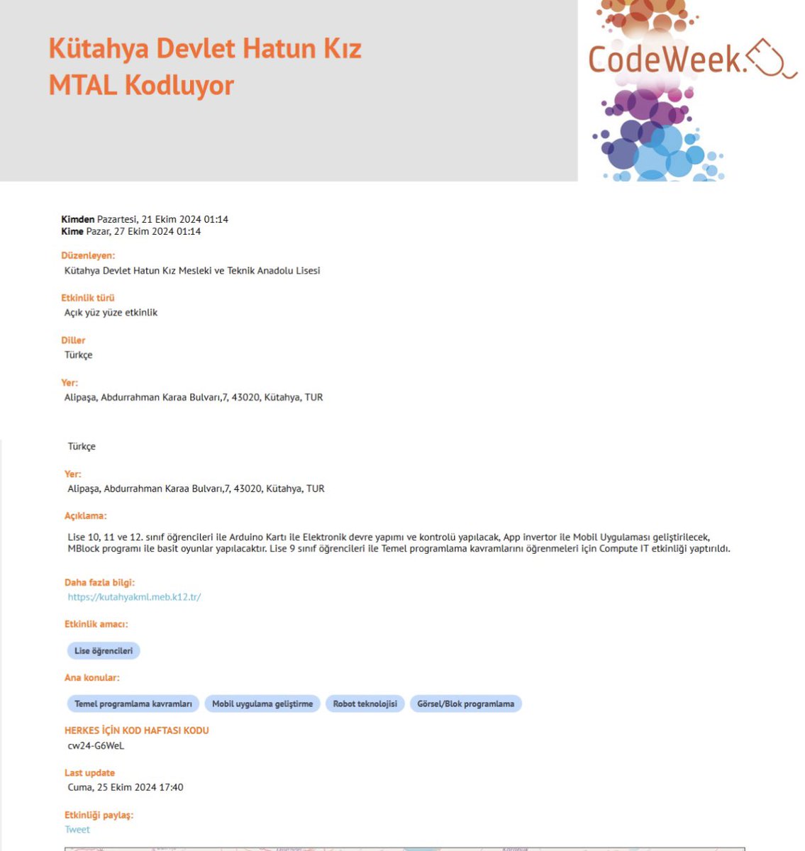 MtalHatun's tweet image. Etkinliğimizi tasarladık haritaya eklendik.
Devlet Hatun Kız MTAL kodluyor.
#CodeWeek
#CodeWeek2024
#CodeWeekTurkiye
#CodeWeekEU
@BasyigitHasann @kutahyamem