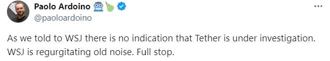 Ultimae_Crypto's tweet photo. ウォール・ストリート・ジャーナル
「米財務省がTetherへの制裁を検討」

Bitcoin -4%の下落

しかしニュースはフェイクであり

Tether CEOアルドイノ氏「WSJ に伝えたように、Tether が調査を受けているという兆候はありません。WSJ は古い噂を繰り返しているだけです」とポスト

その後、BTCは急激に反発。