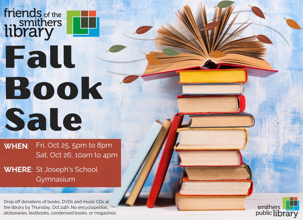 smitherslibrary's tweet photo. Tonight &amp; tomorrow at St. Joseph's School gymnasium! If you have books to donate, please take them directly to the sale -- and thanks! :) https://t.co/jeFqc1KZs2