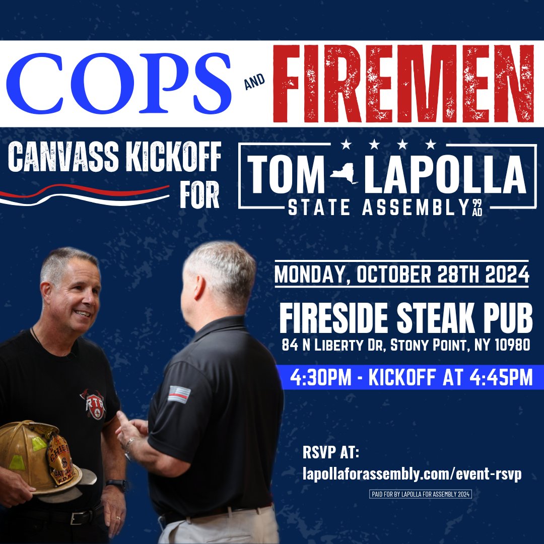 LapollaForNY's tweet image. Join us on October 28th as Cops and Firemen come out to canvass in the neighborhoods of #StonyPoint! 

11 Day&apos;s left until election day, it&apos;s crucial that all of us are United to Fix #NYS and protect our #HudsonValley. 🇺🇸