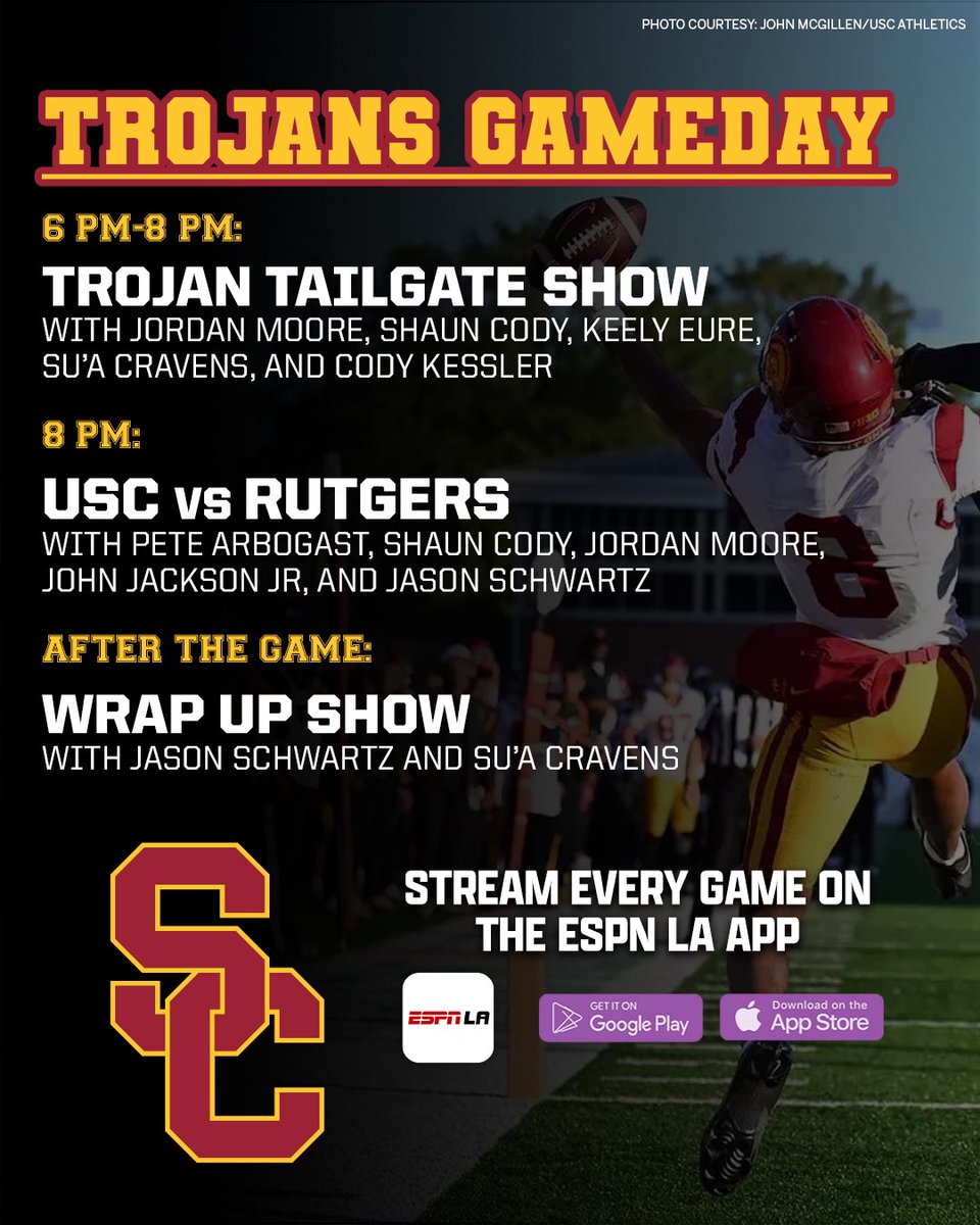 Friday Night Lights for the Trojans at the Coli! Tune in to USC-Rutgers starting at 6 PM on the ESPN LA app or 790 AM ✌️
