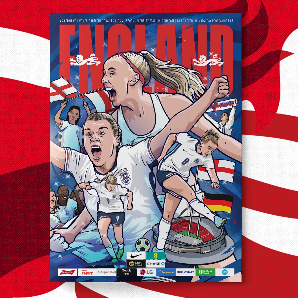 Here’s one that’s been in the works for a while.. I was lucky enough to be asked by The FA to illustrate the programme cover for tonight’s game between England Women 🏴󠁧󠁢󠁥󠁮󠁧󠁿 &amp; Germany 🇩🇪 at Wembley! 

Really pleased with how it came together and even better to see it finally in print!