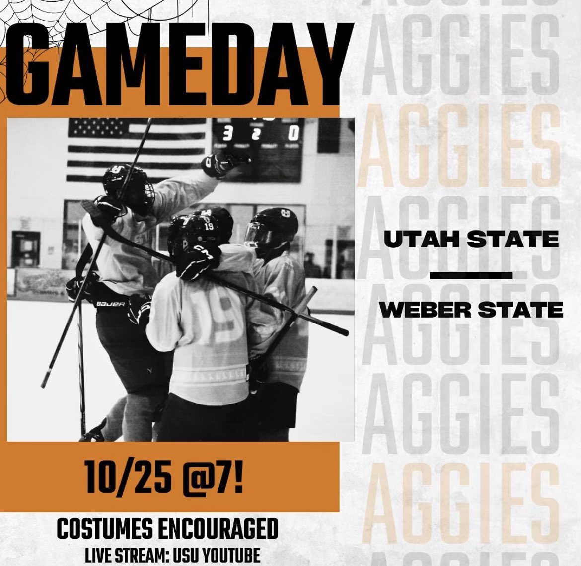 ITS GAMEDAY!!!! COME OUT AND SUPPORT OUR TEAM AS WE TAKE ON OUR RIVAL WEBER STATE! DOORS OPEN AT 6, TICKETS CAN BE BOUGHT AT THE DOOR OR ONLINE UNTIL 1 TODAY!!
P.S. Costumes are encouraged (rumor has it best costume gets a prize)
#ustate #goaggies #acha #collegehockey