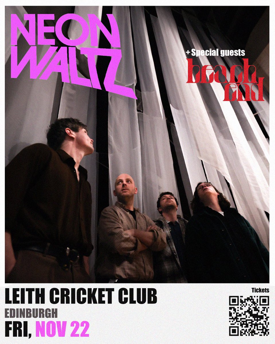 neonwaltz's tweet photo. Edinburgh!! We’re playing Leith FAB Cricket club on Fri Nov 22, 2 days after playing the Ritz with @BlossomsBand. Support from the brilliant Beach End (whose debut album is out today… go listen)

Be quick.

On sale tomorrow (Sat 26th) at 10am here: https://t.co/lRR3gBPWjZ https://t.co/zqFbLbOLUe