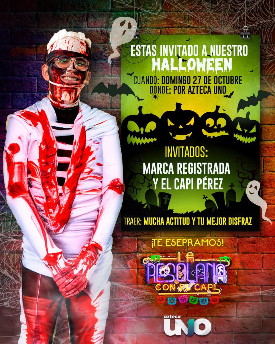 LaResolana's tweet image. ¡Aquí la party no acaba nunca! 🎉🎃 Te invitamos a nuestro programa de halloween con nuestros invitadazos, #MarcaRegistrada. 👻 
Nos vemos este domingo, a las 11:00 p.m. por Azteca UNO. 📺👌🏼 #LaResolana