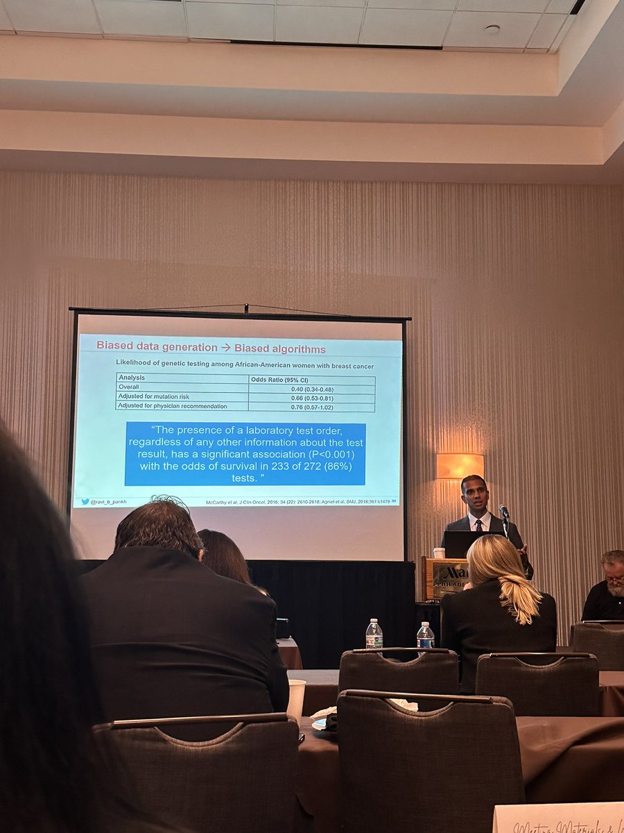 Evani_Patel's tweet image. At #PSOH24 with keynote by @ravi_b_parikh on AI -driven care in Oncology, outlining issues with #explainability #AlgorithmicBias and the need for rigorous regulation guidelines. @ASCO