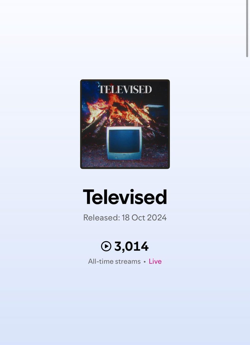 Televised has been out for a whole week! 📺

Thanks so much for all the love, we just hit 3k streams!

Big up everyone streaming and adding Televised to your playlists, it’s much appreciated 🤝

Also hello to the 400 people in Finland who seem to be vibing with this tune 👋 🇫🇮