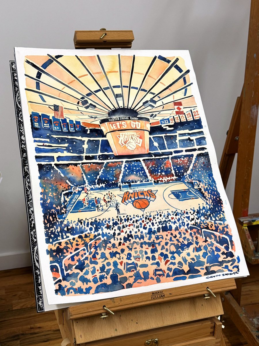 Tonight is the <a href="/nyknicks/">NEW YORK KNICKS</a> home opener at Madison Square Garden. I painted the crowd and the court and the concave ceiling of the storied arena for New York or Nowhere. Here's the 18" x 24" watercolor in my studio.
