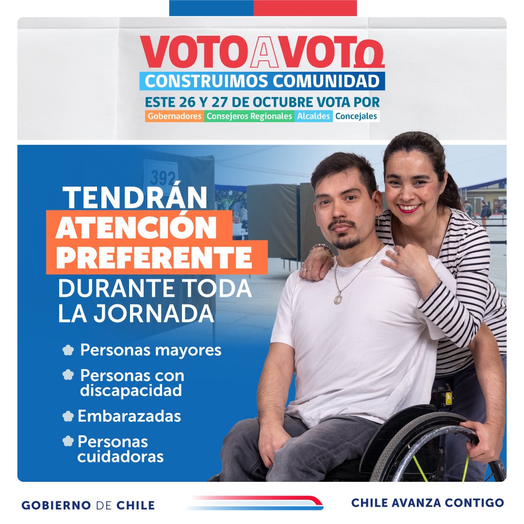 Este 26 y 27 de octubre durante las elecciones regionales y municipales personas con discapacidad, personas mayores, embarazadas y cuidadoras tendrán atención preferente en los locales de votación. 

#ChileVotalnformado