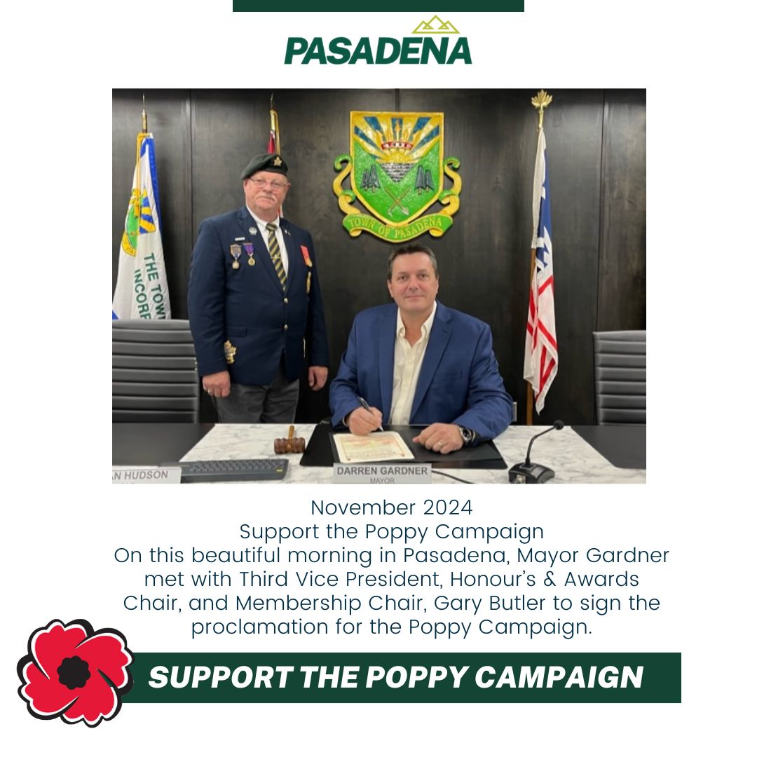 Support the Poppy Campaign
On this beautiful morning in Pasadena, Mayor Gardner met with Third Vice President, Honour’s &amp; Awards Chair, and Membership Chair, Gary Butler to sign the proclamation for the Poppy Campaign.