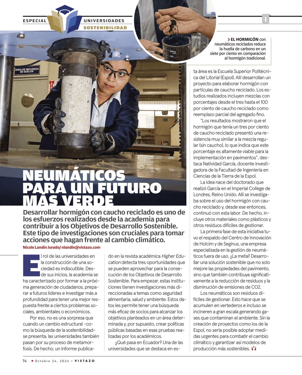 #ESPOLenlasNoticias  
Obtener hormigón con partículas de caucho de los neumáticos reutilizados, ahora es posible. En esta entrevista de <a href="/revistavistazo/">Revista Vistazo</a>, Natividad García, docente investigadora de <a href="/FictESPOL/">FICT ESPOL</a>, explica cómo surgió la iniciativa y quienes participaron en el proceso