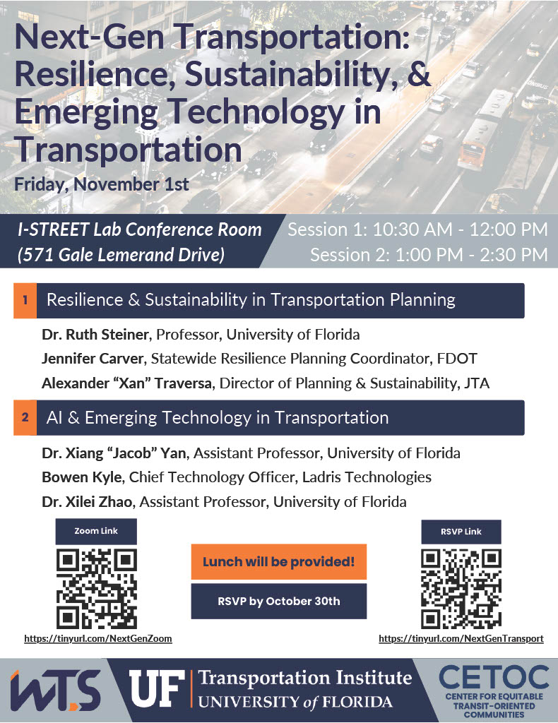 CETOC (@cetocofficial) on Twitter photo UF's Transportation Institute will be hosting a symposium on next-gen transportation—resilience, sustainability, & tech—on Nov. 1, in-person & online. Featuring CETOC speakers <a href="/xileizhao/">Dr. Xilei Zhao</a> & @JacobYan3 RSVP by Oct. 30! UF's Transportation Institute will be hosting a symposium on next-gen transportation—resilience, sustainability, & tech—on Nov. 1, in-person & online. Featuring CETOC speakers <a href="/xileizhao/">Dr. Xilei Zhao</a> & @JacobYan3 RSVP by Oct. 30!