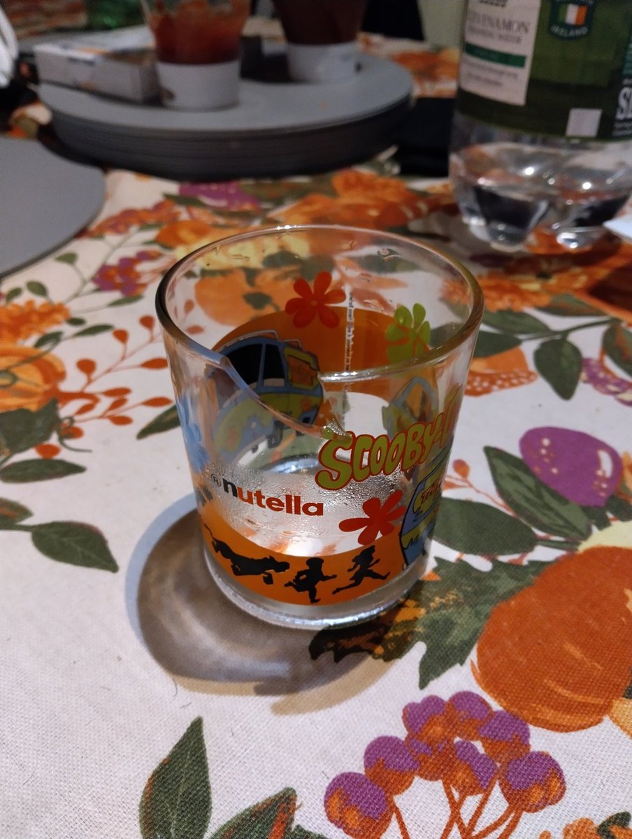 LiesAndXander's tweet photo. RIP to our last Scooby-Doo @NutellaGlobal glass. I wish they'd do themed jars like this again that you can use as a drinks glass afterwards, not those weird round bottomed things they have now. https://t.co/YKaFkM24vR