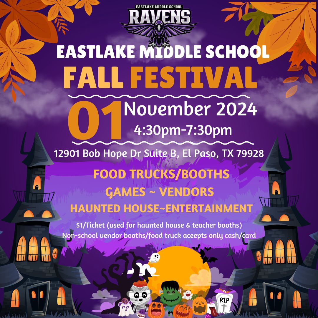 Mark your calendar! Eastlake Middle School is having our Fall Festival on November 1st / Friday 4:30pm-7:30pm. Bring your family and friends! It's going to be a FUN filled night! 
<a href="/Eastlake_Middle/">Gabriela Elliott</a>
<a href="/vesparza_ELMS/">Veronica Esparza</a>