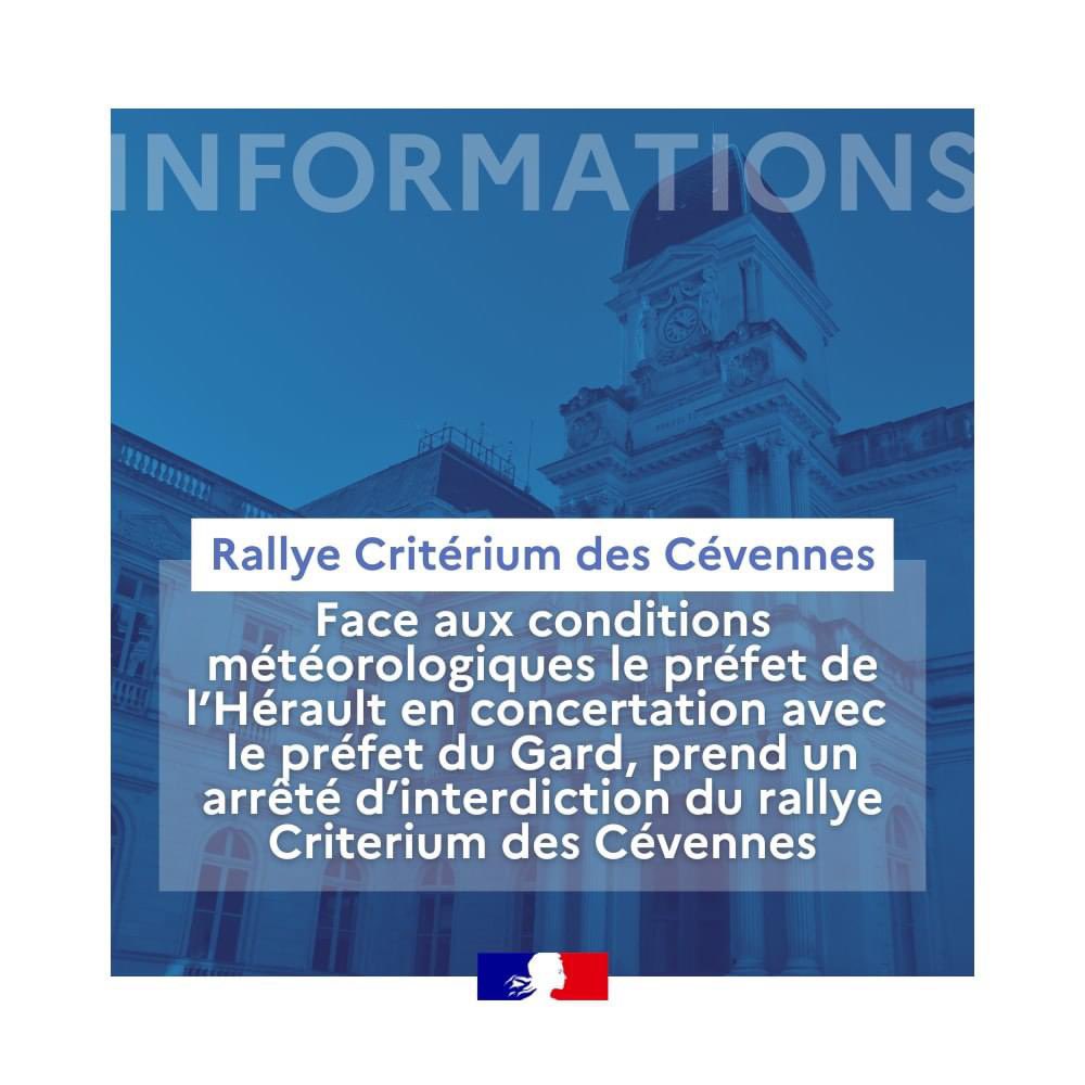Prefet30's tweet image. #CriteriumDesCevennes ❌ Annulation du Rallye « Criterium des Cévennes »

Les services de Météo France ont placé le département de l’Hérault en vigilance jaune Pluie-Inondations, Orages et Crues. 
Le département du Gard est placé en vigilance orange Pluie-Inondations et jaune…