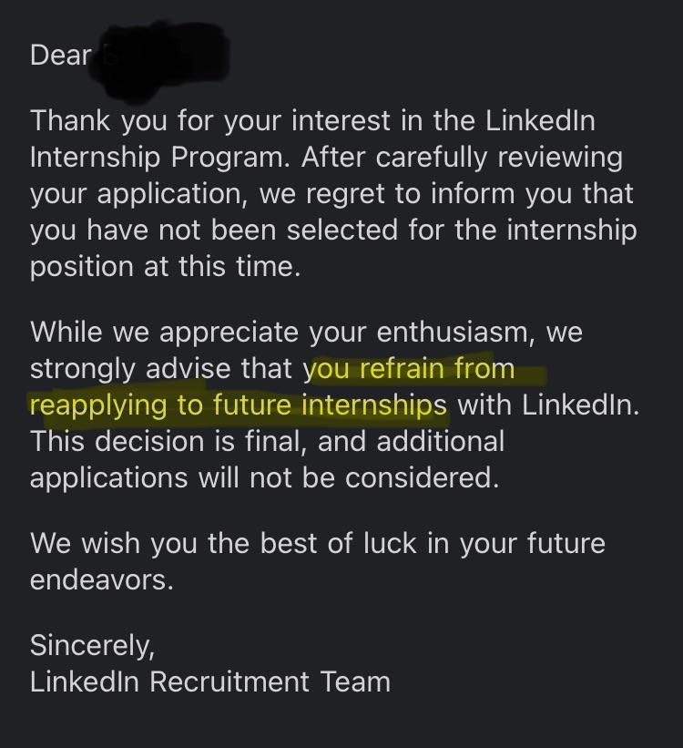 0xluffy's tweet photo. im gonna apply for linkedin internship, what's the worst that could happen?

linkedin: hold my beer https://t.co/QhMQATgpQl