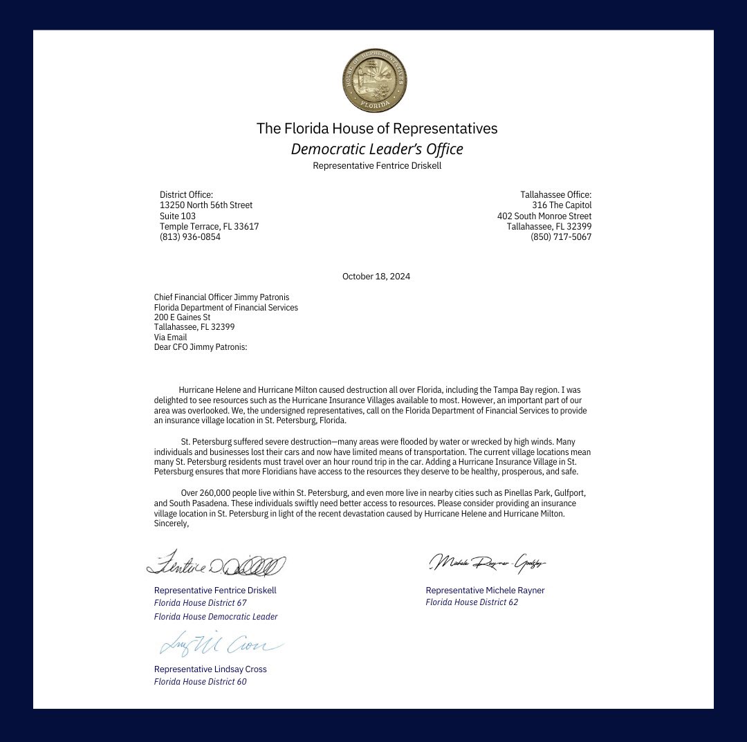 FentriceForFL's tweet image. I’m so proud to have worked with @LindsayCrossFL and @RepMKR to call for an insurance village location in St. Petersburg, Florida- an area that has been severely impacted by back-to-back hurricanes. Now, residents will have easier access to resources that will help answer their…
