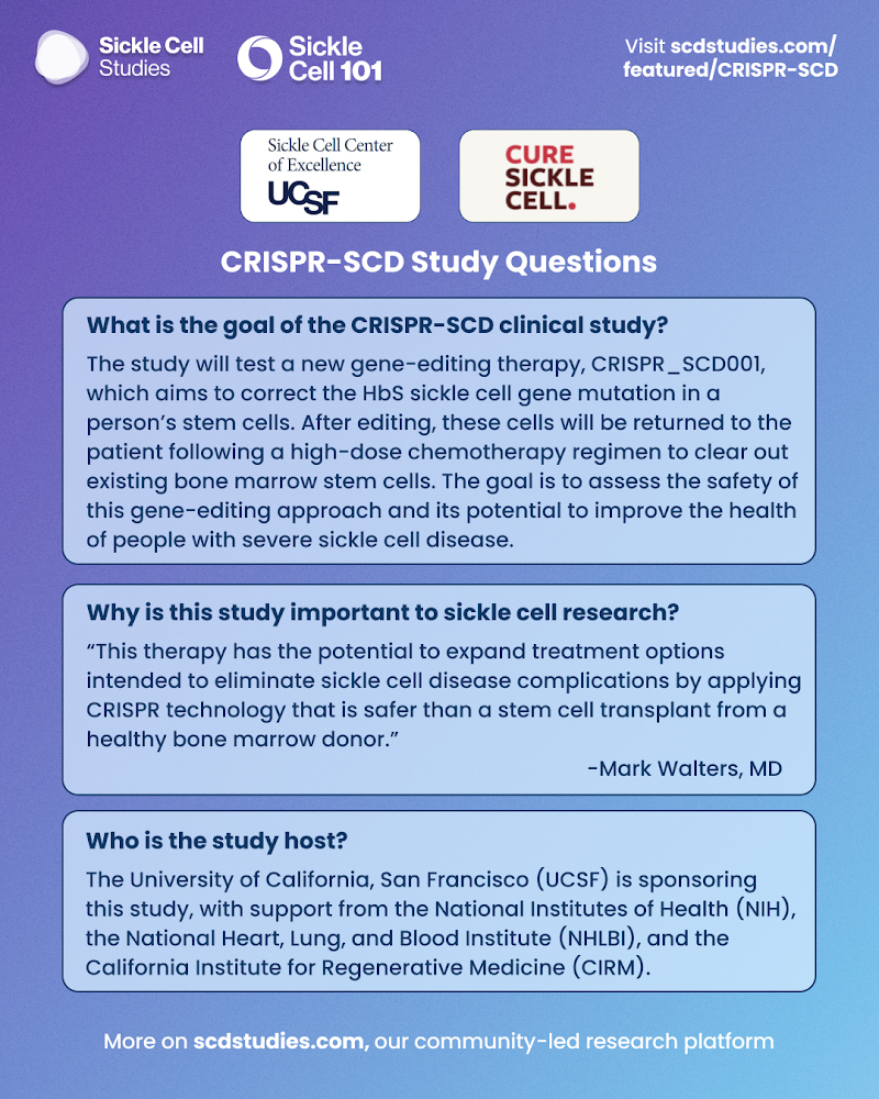 Sickle Cell 101, in collaboration with @ucsfsicklecell, is helping raise awareness about the CRISPR-SCD001 gene-editing study targeting sickle cell disease. Interested? Find out if you’re eligible at by clicking the link in our bio. #sicklecell #sicklecell101 #ucsfsicklecell
