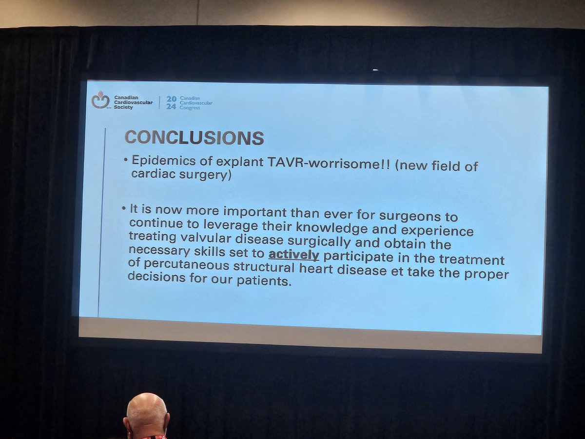Dr. <a href="/JessicaForcillo/">Jessica Forcillo</a> <a href="/chumtl/">CHUM</a> eloquently summarizes the ongoing #SAVR vs. #TAVR debate in the younger adult w/ aortic stenosis, stressing for surgeons to:

🫀 "Obtain the necessary skills to actively participate in pSHD" 

🤝 Continue to promote #HeartTeams

#CCCongress #CCC2024