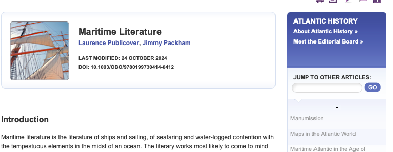 Really pleased to see the entry on Maritime Literature that I co-authored with Laurence Publicover out with Oxford Bibliographies. It was a pleasure to write about so many great pieces of #bluehumanities scholarship!
