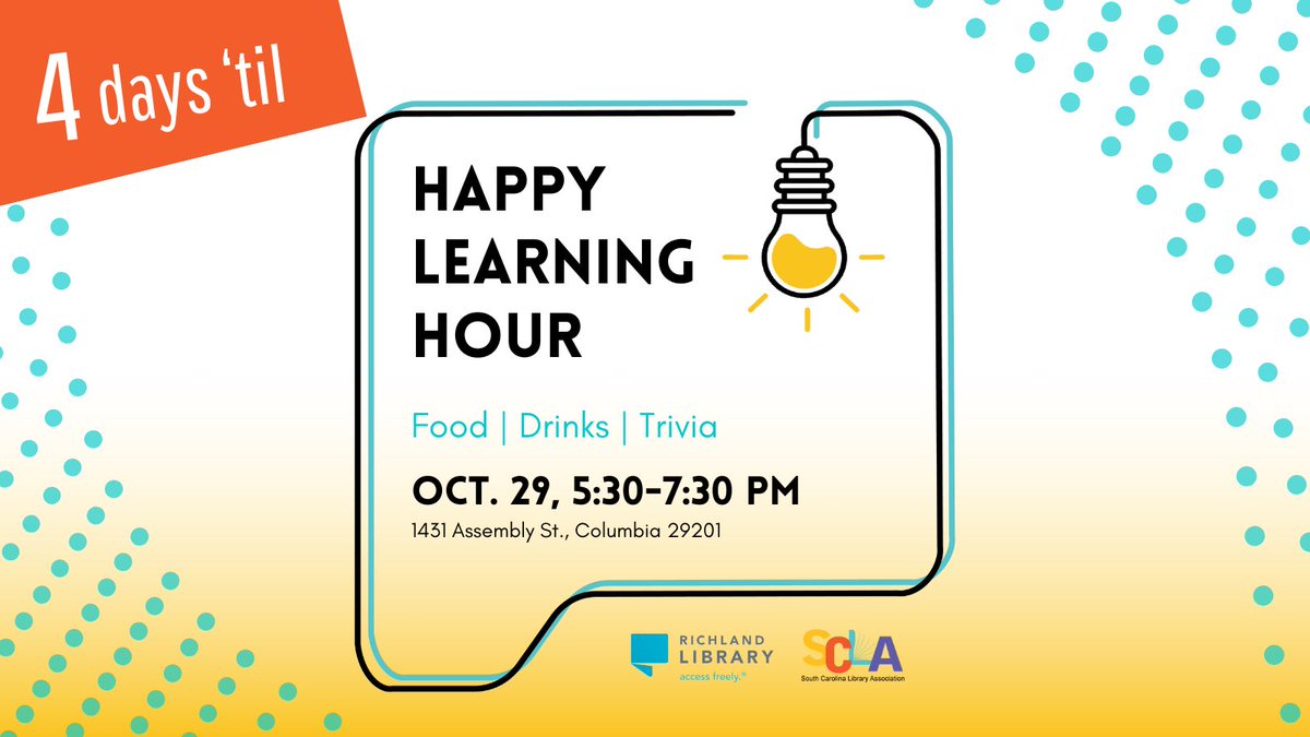 sclanews's tweet photo. Our #sclaconference2024 starts in 4 days! Make sure you visit Richland Library Main in downtown Columbia for our Happy Learning Hour. There’ll be food, drinks, and trivia!
#SCLA #finalcountdown #professionaldevelopment #sclibraries #sclibrarians https://t.co/gah4Q5KeOq