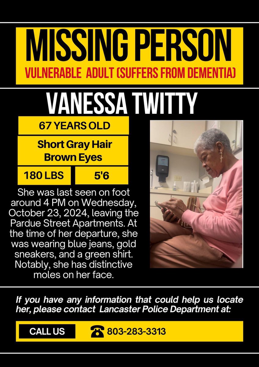 LancasterSC_PD's tweet photo. Be on the lookout! Vanessa Twitty is a missing vulnerable adult from Lancaster, SC https://t.co/h9R8FYYL2T