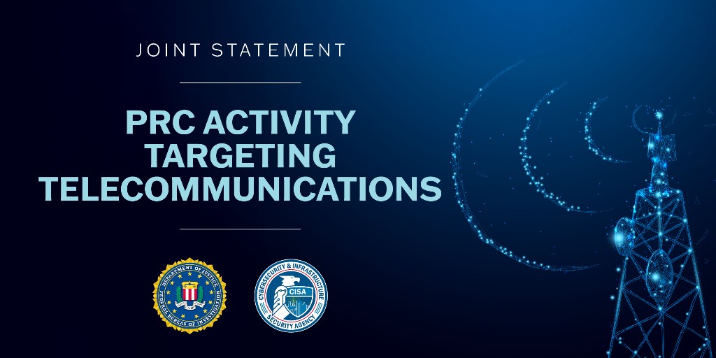 Today, with <a href="/FBI/">FBI</a>, we released a joint statement on malicious PRC-sponsored cyber activity targeting commercial telecommunications infrastructure. We encourage any organization that believes it might be a victim to engage its local FBI field office or CISA. cisa.gov/news-events/ne…