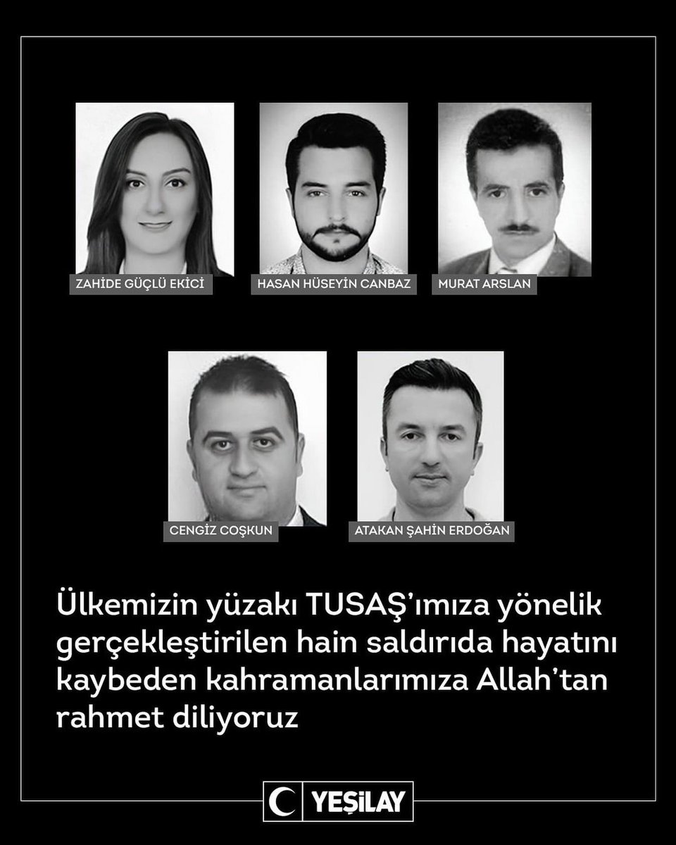 Ülkemizin yüzakı TUSAŞ’ımıza yönelik gerçekleştirilen hain saldırıda hayatını kaybeden kahramanlarımıza Allah’tan rahmet diliyoruz. 
Kalbimiz bütün milletimizle birlikte yüreklerimizi yakan bu acıyı yaşayan kahramanlarımızın  aileleriyle…

#Yeşilay #Tusaş