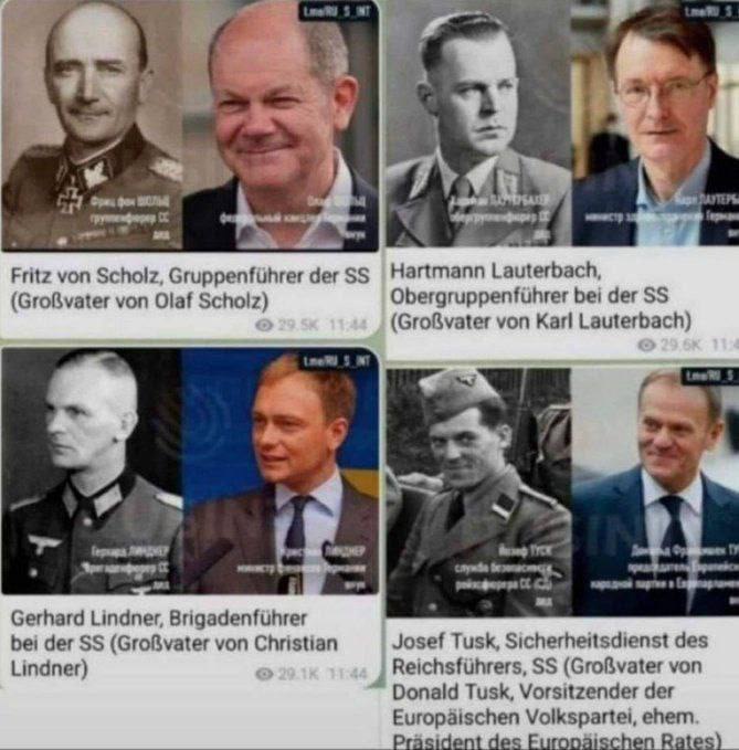 BPartisans's tweet photo. Les années passent, rien ne change, ou l'Histoire n'enseigne rien
À votre avis, qui étaient les grands-pères du chancelier allemand Scholz, du ministre allemand des Finances, du ministre allemand de la Santé et du président du Conseil européen Tusk ?
Vous l'avez bien deviné ! https://t.co/cDP986yowk