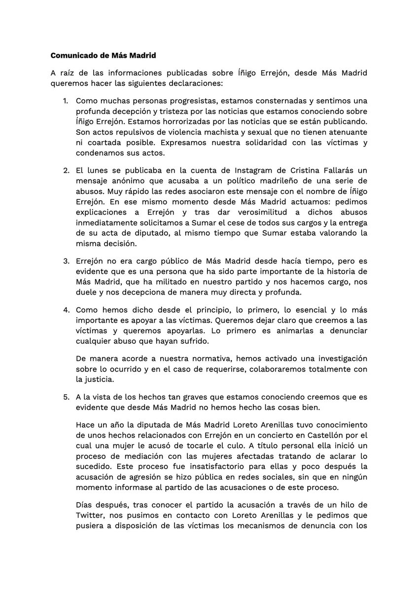 MasMadrid__'s tweet photo. Comunicado de Más Madrid: https://t.co/iadh7D9fj3