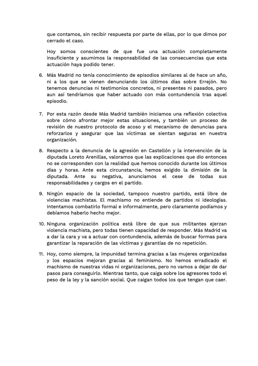 Comunicado de Más Madrid: