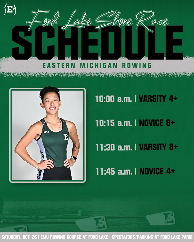 🚨 Ford Lake Shore Race schedule 🚨 

*Reminder that all spectators should be at Ford Lake Park! No parents/spectators at the Boathouse and no parking on the road side at the Boathouse or cars can get towed.

#EMUEagles