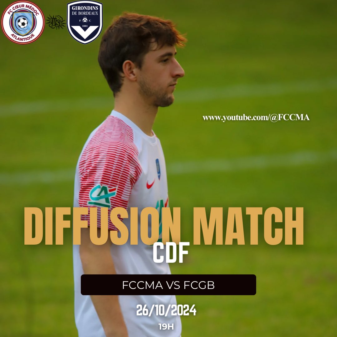 FCCMA33's tweet photo. 🔴 Diffusion en direct du match !

Ce samedi 26 octobre 2024 à 19h, suivez le match en direct sur notre chaîne Youtube. 

Voici le lien pour suivre la rencontre à partir de demain 19h : https://t.co/nSzWHiDzvM

Ne manquez pas cet événement ! Allez le FCCMA ! 💪⚽ https://t.co/M9wduVhlKZ