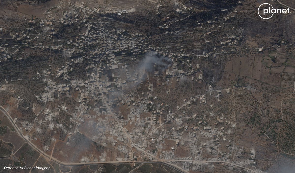 There's some new limited SkySat imagery from <a href="/planet/">Planet</a> showing the condition of villages and towns in southern Lebanon on October 24. 

Thread with some of the updated locations:

Kfarkela, Sep26 / Oct24

Image is rotated. Large amount of destruction adjacent to the Israeli border.